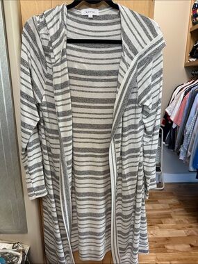 Korye Striped Hooded Open Cardigan - Gray & White - very light weight & soft